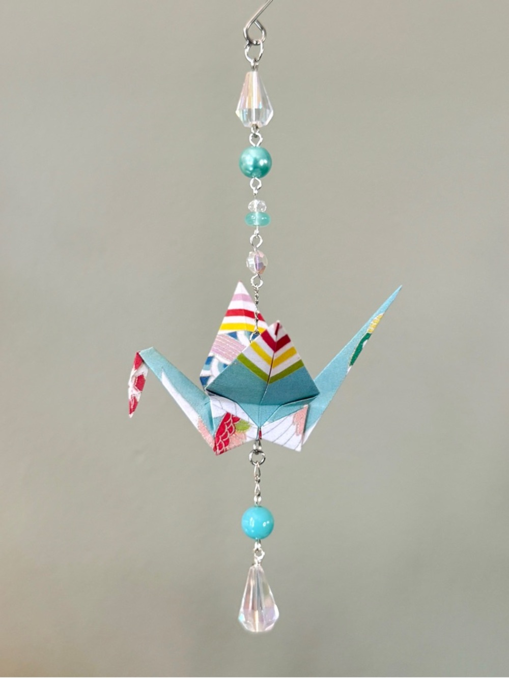 Origami Ornament #2453 - Medium Crane with Repurposed Beads